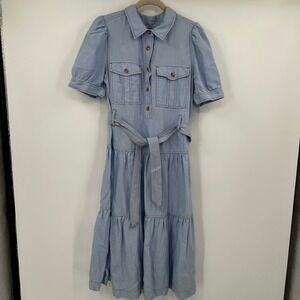 Soft Surroundings Light Wash Denim Utility Button Tiered Midi Dress Puff Sleeve